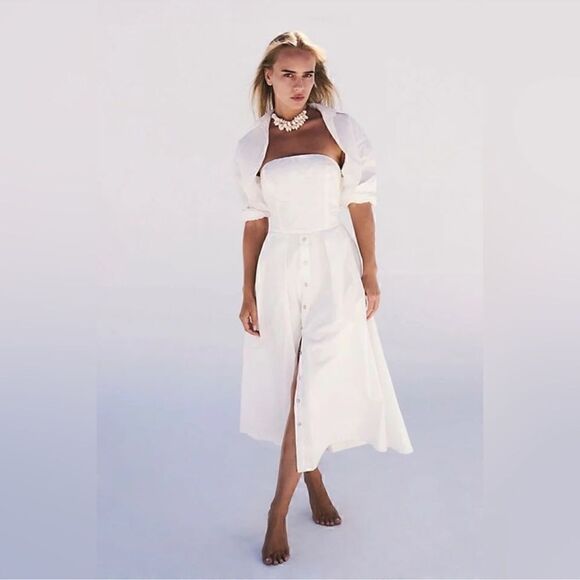 Free People Dresses & Skirts - NWOT Free People Isley Midi A Line Dress Button Down Shrug Collar Tube XS Flirty